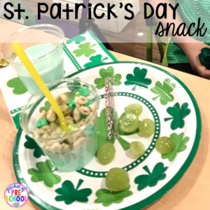 St. Patrick's Day snack! Plus St. Patrick's Day centers and activities (math, literacy, writing, sensory, fine motor, art, STEM, blocks, science) and FREE ten frame shamrock cards for preschool, pre-k, and kindergarten.