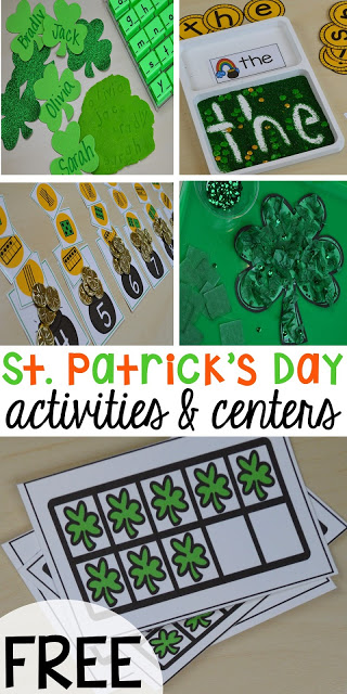 St. Patrick's Day Centers and Activities (math, literacy, writing, sensory, fine motor, art, STEM, blocks, science) and FREE ten frame shamrock cards for preschool, pre-k, and kindergarten.