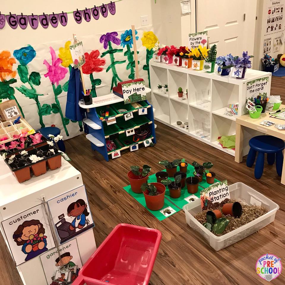 Garden shop or flower shop dramatic play area for preschool, pre-k, and kindergarten students. 