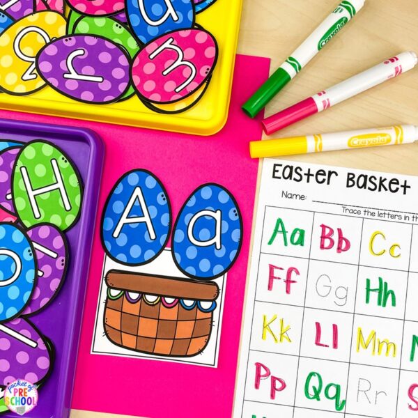 Have an Easter theme in your preschool, pre-k, or kindergarten classroom while learning math and literacy skills.