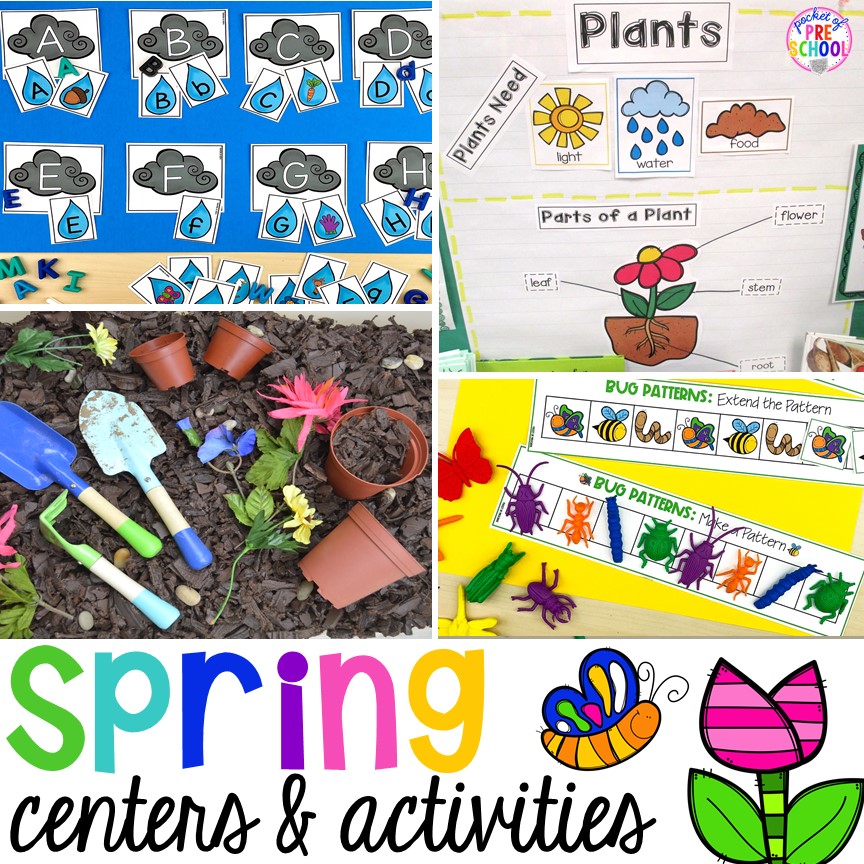 Spring centers and activities (math, letters, sensory, science, literacy, fine motor, STEM, and more) for preschool, pre-k, and kindergarten. #preschool #prek