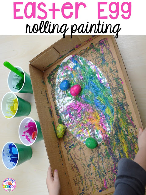 Process art for Easter... egg rolling art. Plus peeps 5 senses and taste test FREEBIE. For preschool, pre-k, and kindergarten.