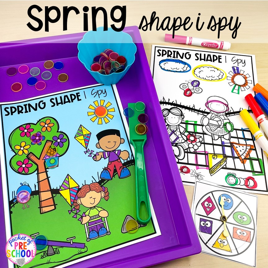 Spring shape I spy game! Spring centers and activities (math, letters, sensory, science, literacy, fine motor, STEM, and more) for preschool, pre-k, and kindergarten. #preschool #prek