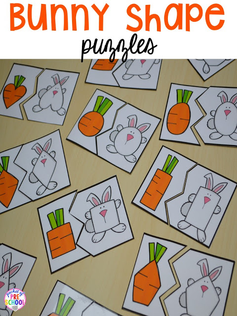 Easter Bunny themed shape puzzles. Plus peeps 5 senses and taste test FREEBIE. For preschool, pre-k, and kindergarten.