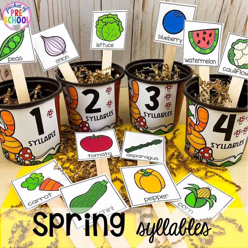 Spring syllables game! Spring centers and activities (math, letters, sensory, science, literacy, fine motor, STEM, and more) for preschool, pre-k, and kindergarten. #preschool #prek