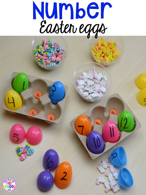 Easter egg counting activity using mini erasers. Plus peeps 5 senses and taste test FREEBIE. For preschool, pre-k, and kindergarten.