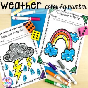 Spring weather color by number! Spring centers and activities (math, letters, sensory, science, literacy, fine motor, STEM, and more) for preschool, pre-k, and kindergarten. #preschool #prek