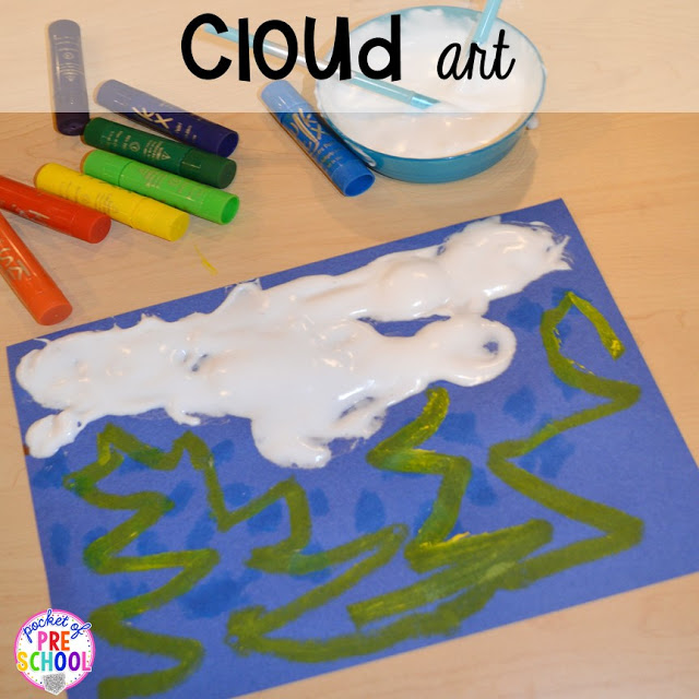 Spring themed puffy paint cloud art plus Plant Needs and Life Cycle Posters FREEBIE. Prefect for preschool, pre-k, and kindergarten.