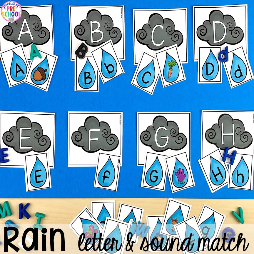 Spring rain letter and sound match game! Spring centers and activities (math, letters, sensory, science, literacy, fine motor, STEM, and more) for preschool, pre-k, and kindergarten. #preschool #prek
