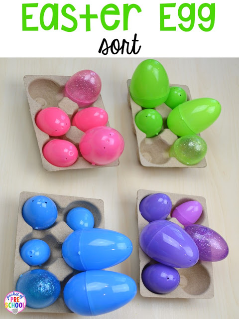 Easter egg sorting activity. Plus peeps 5 senses and taste test FREEBIE. For preschool, pre-k, and kindergarten.