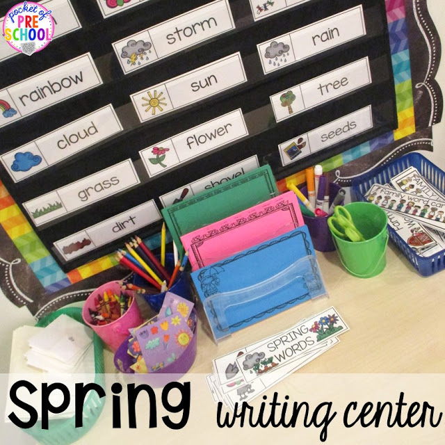 Spring themed writing center plus Plant Needs and Life Cycle Posters FREEBIE. Prefect for preschool, pre-k, and kindergarten.