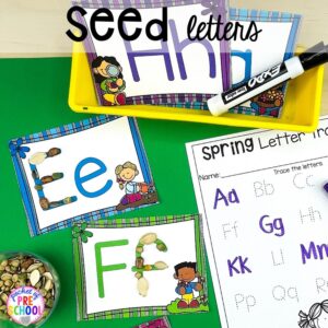 Build letters with seeds (fun handwriting activity)! Spring centers and activities (math, letters, sensory, science, literacy, fine motor, STEM, and more) for preschool, pre-k, and kindergarten. #preschool #prek