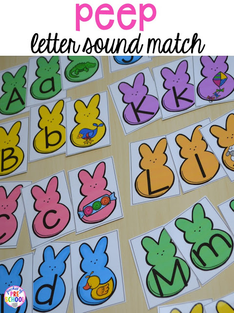 Peep beginning sound and letter match game. Peeps 5 senses and taste test FREEBIE. For preschool, pre-k, and kindergarten.