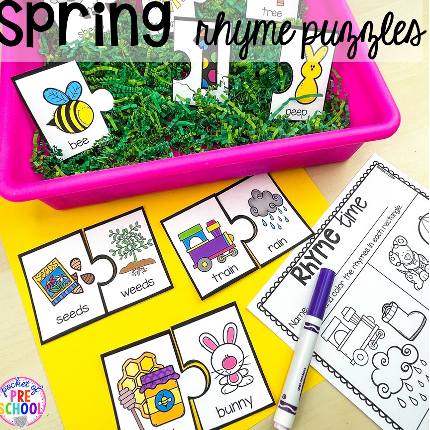 Spring rhyme puzzles! Spring centers and activities (math, letters, sensory, science, literacy, fine motor, STEM, and more) for preschool, pre-k, and kindergarten. #preschool #prek