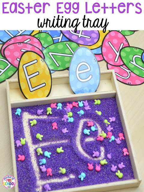 Easter writing tray make handwriting fun. Plus peeps 5 senses and taste test FREEBIE. For preschool, pre-k, and kindergarten.