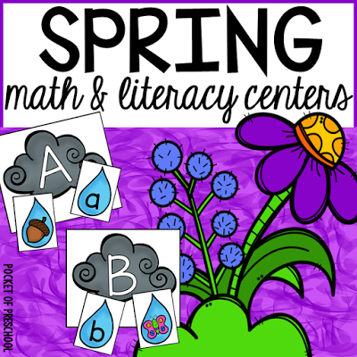 Math and literacy centers with a spring theme designed for preschool, pre-k, and kindergarten students