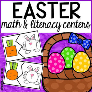 Math and literacy centers with an Easter theme made for preschool, pre-k, and kindergarten students