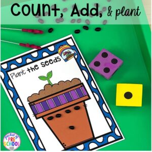 Plant counting game! Spring centers and activities (math, letters, sensory, science, literacy, fine motor, STEM, and more) for preschool, pre-k, and kindergarten. #preschool #prek