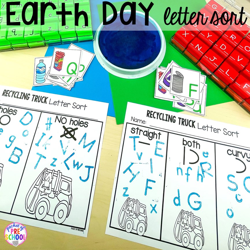 Earth Day recycling truck letter sort. Plus FREE Earth Day vocabulary posters! Perfect for preschool, pre-k, or kindergarten.