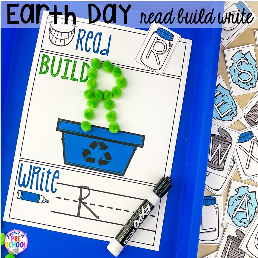 Earth Day read, build write sight words. Plus FREE Earth Day vocabulary posters! Perfect for preschool, pre-k, or kindergarten.