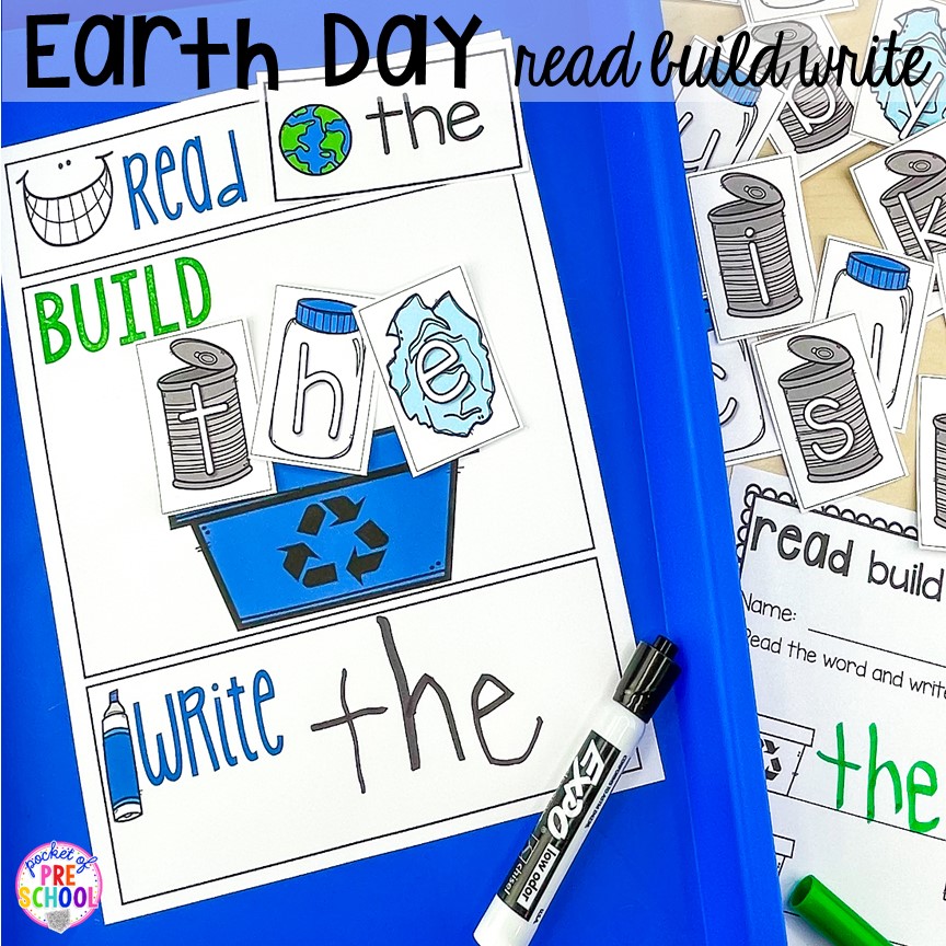 Earth Day read, build write sight words. Plus FREE Earth Day vocabulary posters! Perfect for preschool, pre-k, or kindergarten.