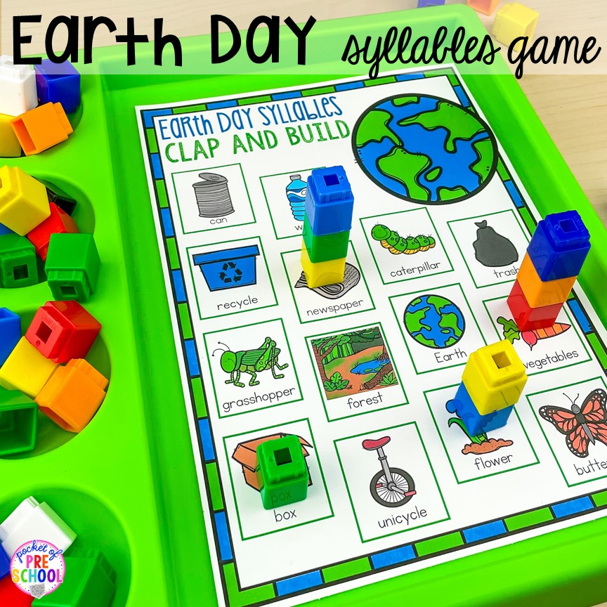Earth Day clap and build syllables game. Plus FREE Earth Day vocabulary posters! Perfect for preschool, pre-k, or kindergarten.