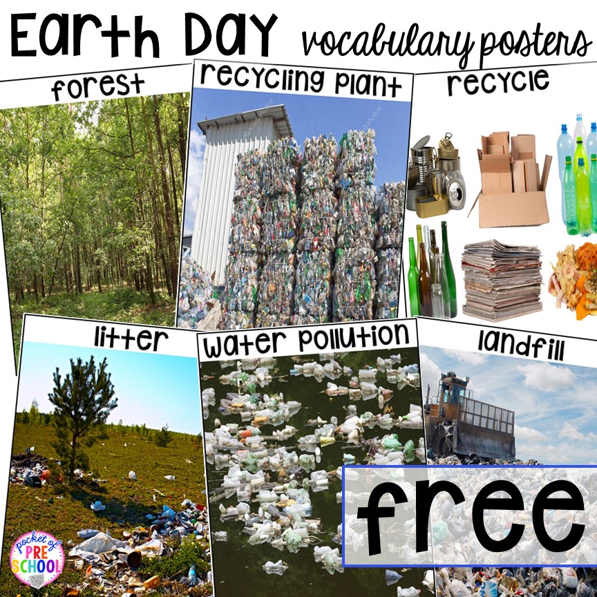 FREE Earth Day vocabulary posters! Plus Earth Day literacy, math, sensory, science, sensory, art, and fine motor activities and centers for preschool, pre-k, and kindergarten. 