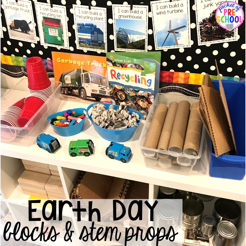 Earth Day blocks center ideas to challenge little learners to build with recycled items and structures to help the environment. Perfect for preschool, prek, and kindergarten. 