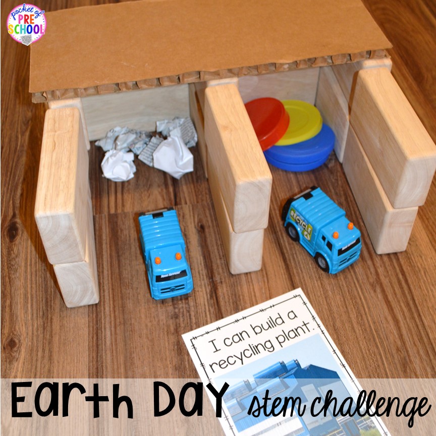 Earth Day STEM challenge: build a recycling plant. Plus FREE Earth Day vocabulary posters! Perfect for preschool, pre-k, or kindergarten.