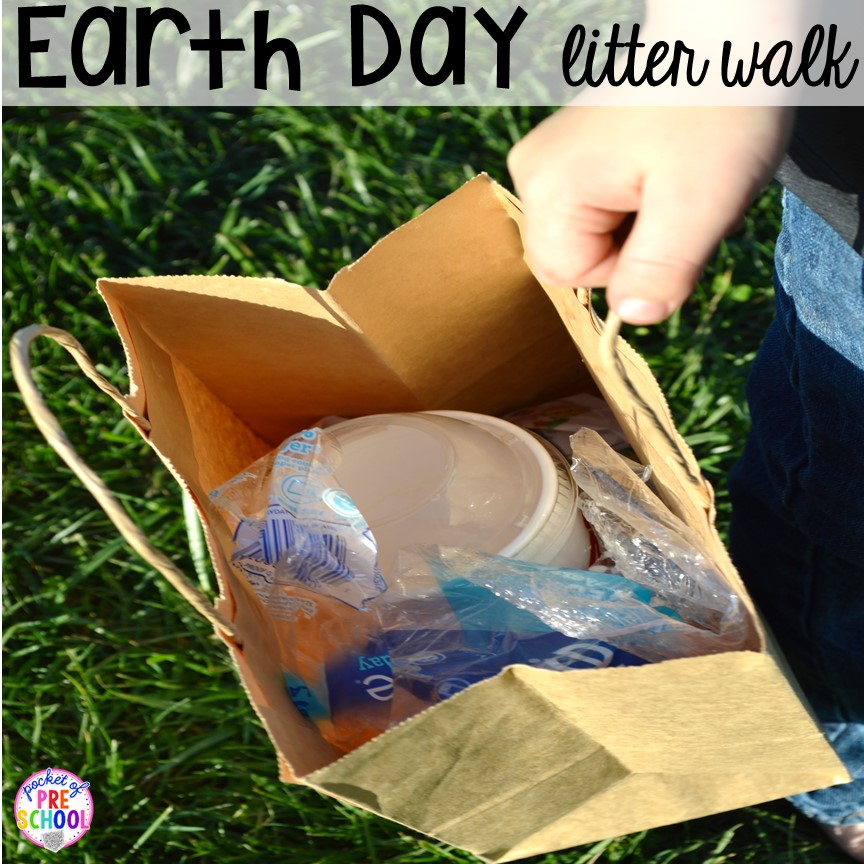 Earth Day litter walk. Plus FREE Earth Day vocabulary posters! Perfect for preschool, pre-k, or kindergarten.