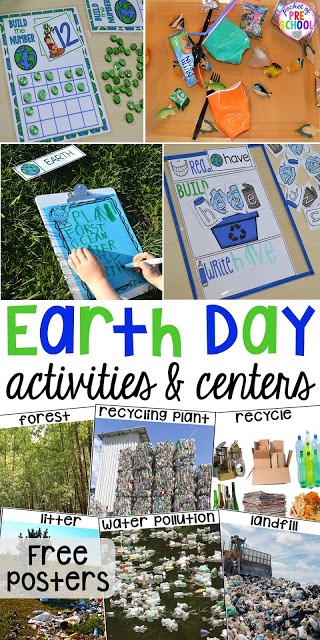 Earth Day literacy, math, sensory, science, sensory, art, and fine motor activities and centers for preschool, pre-k, and kindergarten. Plus FREE Earth Day vocabulary posters!
