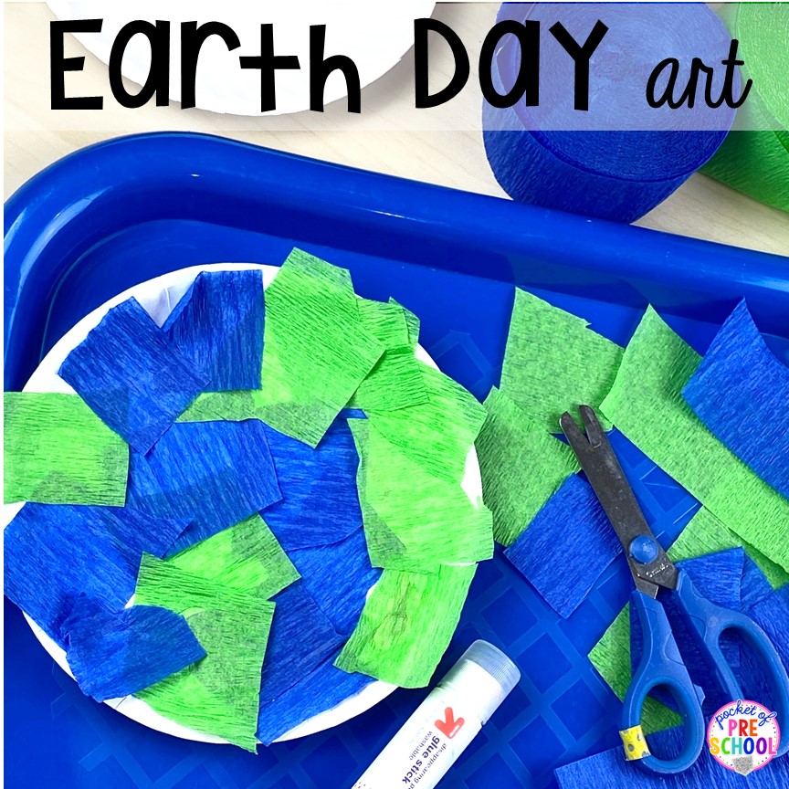 Earth Day paper plate tearing collage. Plus FREE Earth Day vocabulary posters! Perfect for preschool, pre-k, or kindergarten.