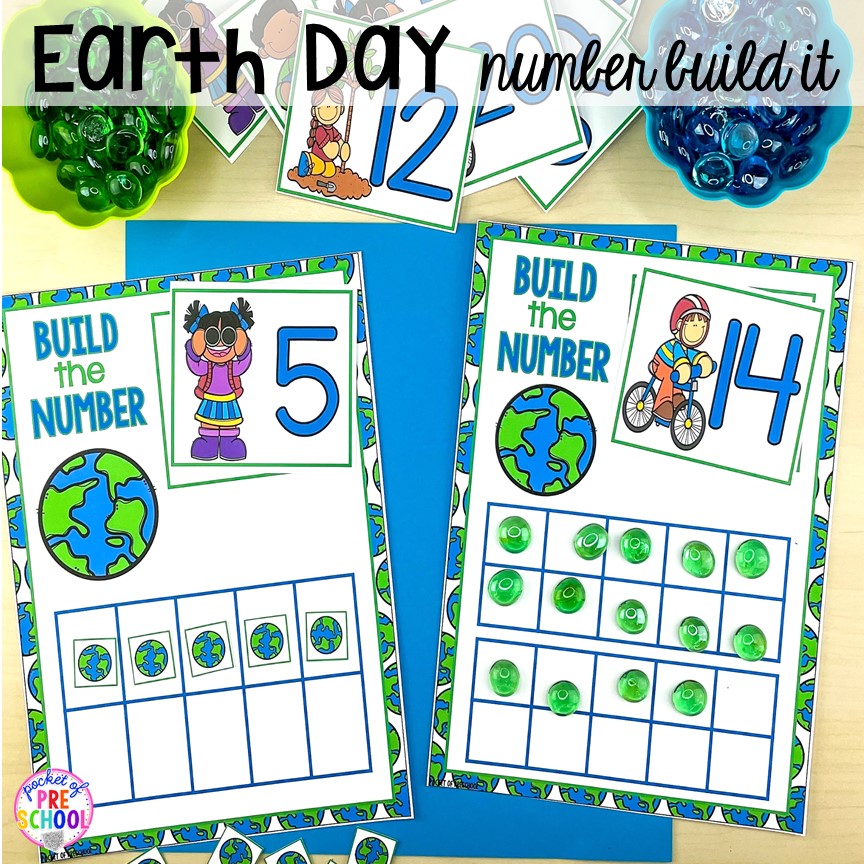 Earth Day build a number counting game. Plus FREE Earth Day vocabulary posters! Perfect for preschool, pre-k, or kindergarten.