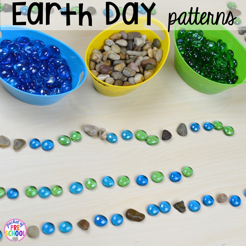 Earth Day patterns using gems and rocks. Plus FREE Earth Day vocabulary posters! Perfect for preschool, pre-k, or kindergarten.
