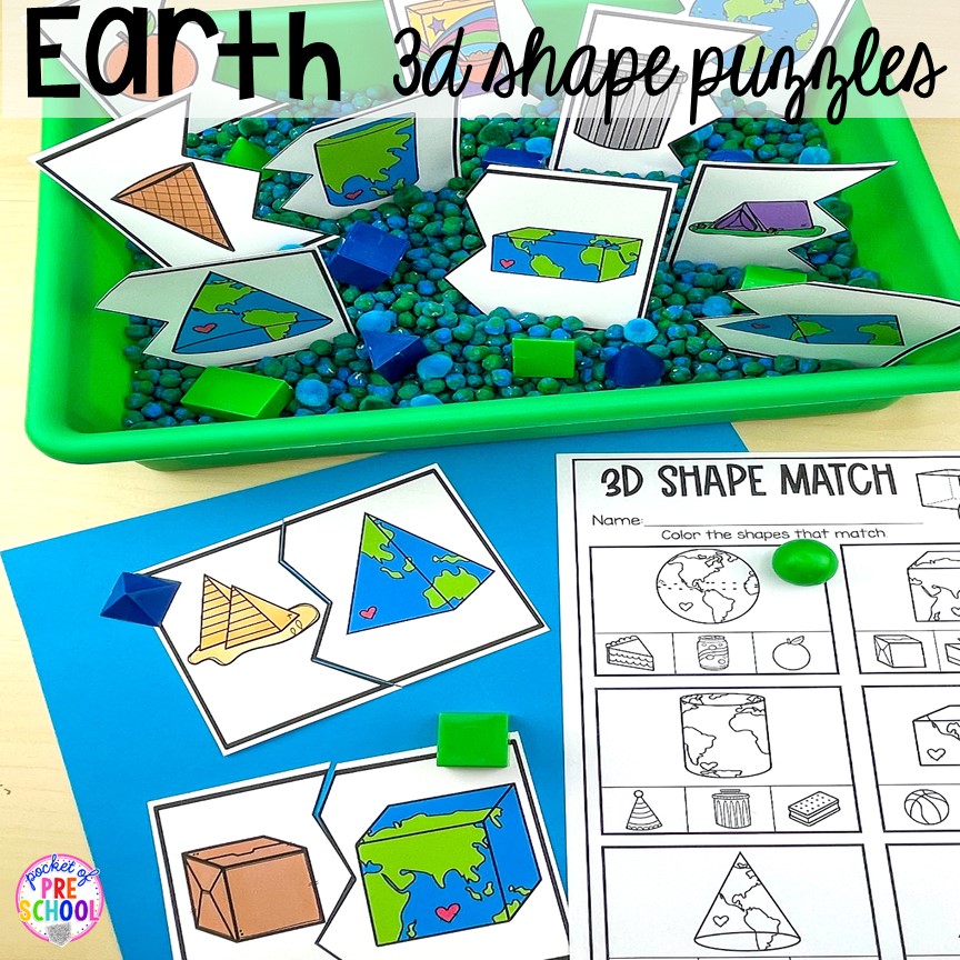 Earth Day 3D shape puzzles. Plus FREE Earth Day vocabulary posters! Perfect for preschool, pre-k, or kindergarten.