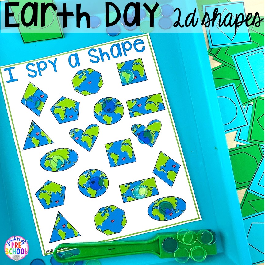 Earth Day 2D shapes I spy game. Plus FREE Earth Day vocabulary posters! Perfect for preschool, pre-k, or kindergarten.