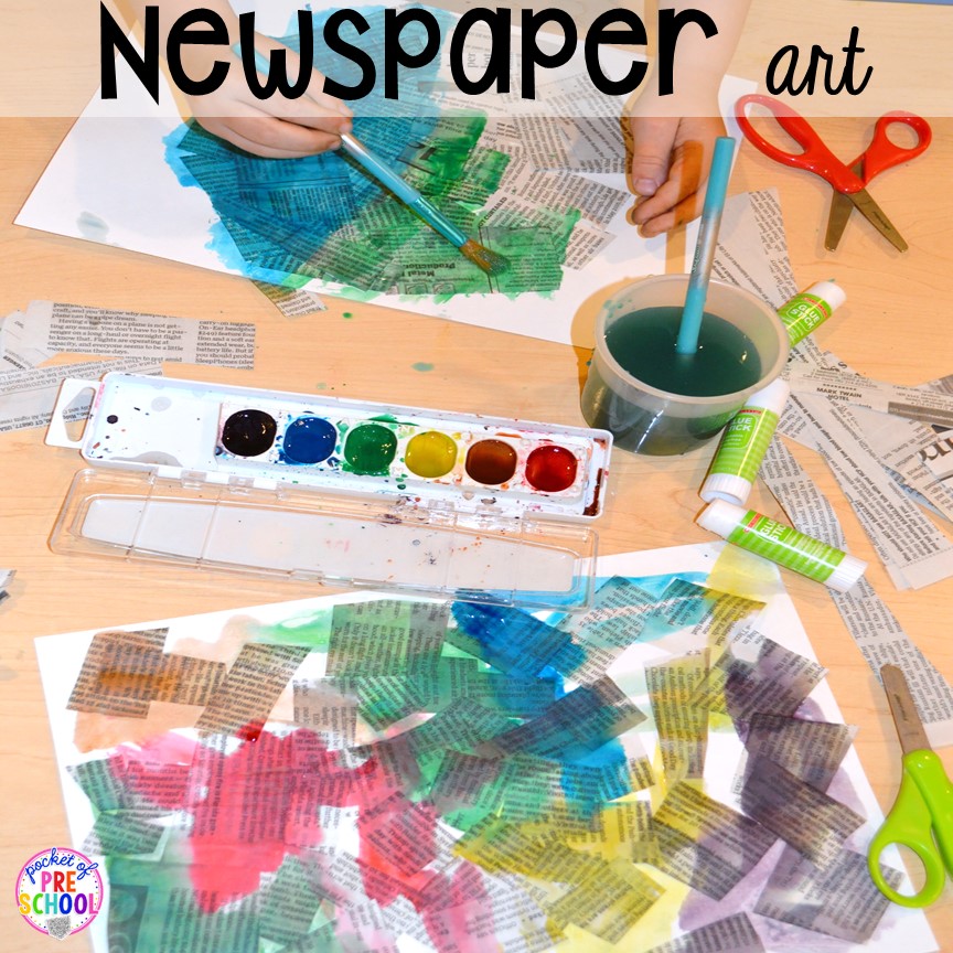 Earth Day art (newspaper cutting and painting collage). Plus FREE Earth Day vocabulary posters! Perfect for preschool, pre-k, or kindergarten.