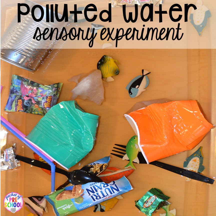 Water pollution sensory table (just use food coloring) Earth Day activity. Plus FREE Earth Day vocabulary posters! Perfect for preschool, pre-k, or kindergarten.