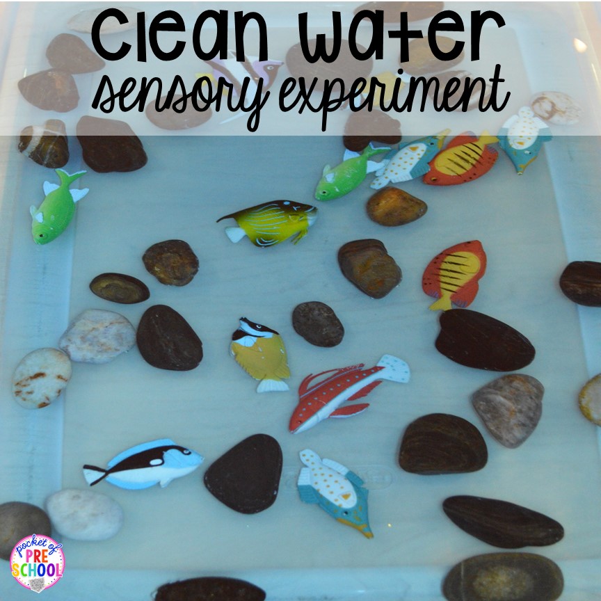 Clean water sensory table Earth Day activity. Plus FREE Earth Day vocabulary posters! Perfect for preschool, pre-k, or kindergarten.
