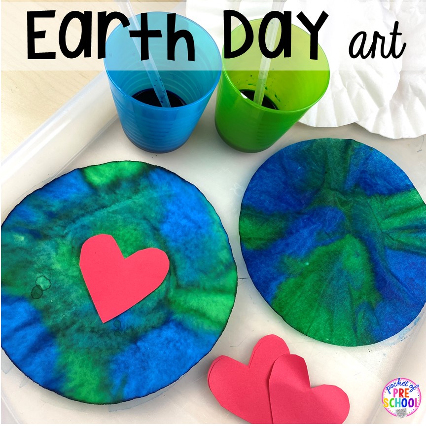 Earth Day art (coffee filter Earth). Plus FREE Earth Day vocabulary posters! Perfect for preschool, pre-k, or kindergarten.