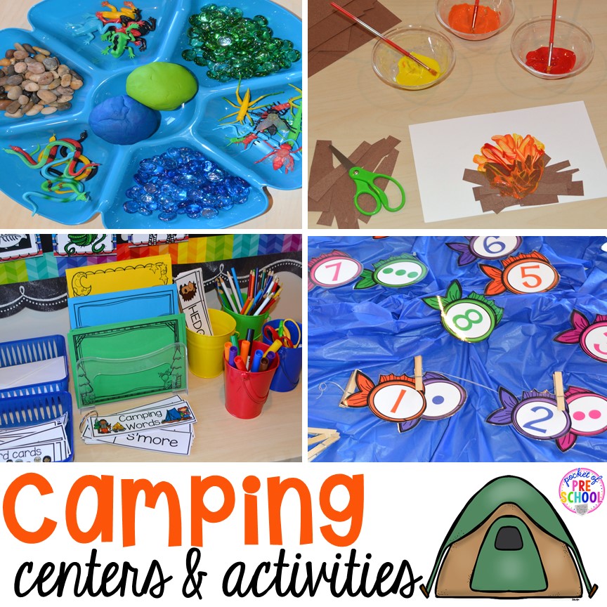 Camping centers and activities for preschool, pre-k, and kindergarten students.
