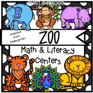 Math and literacy centers with a zoo theme designed for preschool, pre-k, and kindergarten students