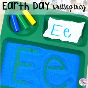 Earth Day recycle writing tray for a fun handwriting activity! Perfect for preschool, pre-k, or kindergarten.