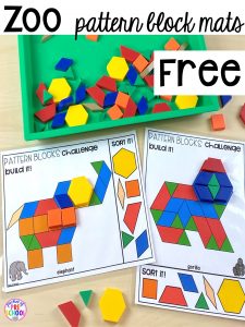FREE Zoo pattern block mats to develop spacial sense and explore making pictures with shapes. #shapes #preschool #zootheme #patternblocks