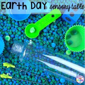 Earth Day sensory table with chick peas! Perfect for preschool, pre-k, or kindergarten.