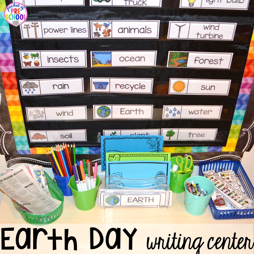 Earth Day writing center or writing desk. Plus FREE Earth Day vocabulary posters! Perfect for preschool, pre-k, or kindergarten.