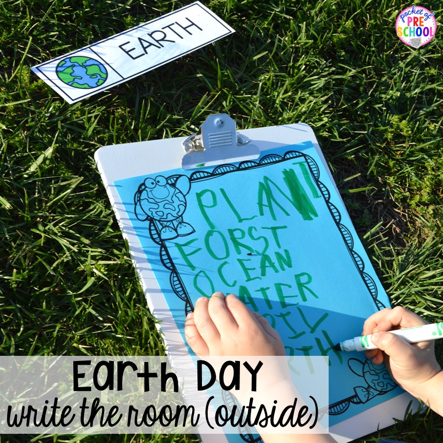 Earth Day write the room (outside). Plus FREE Earth Day vocabulary posters! Perfect for preschool, pre-k, or kindergarten.