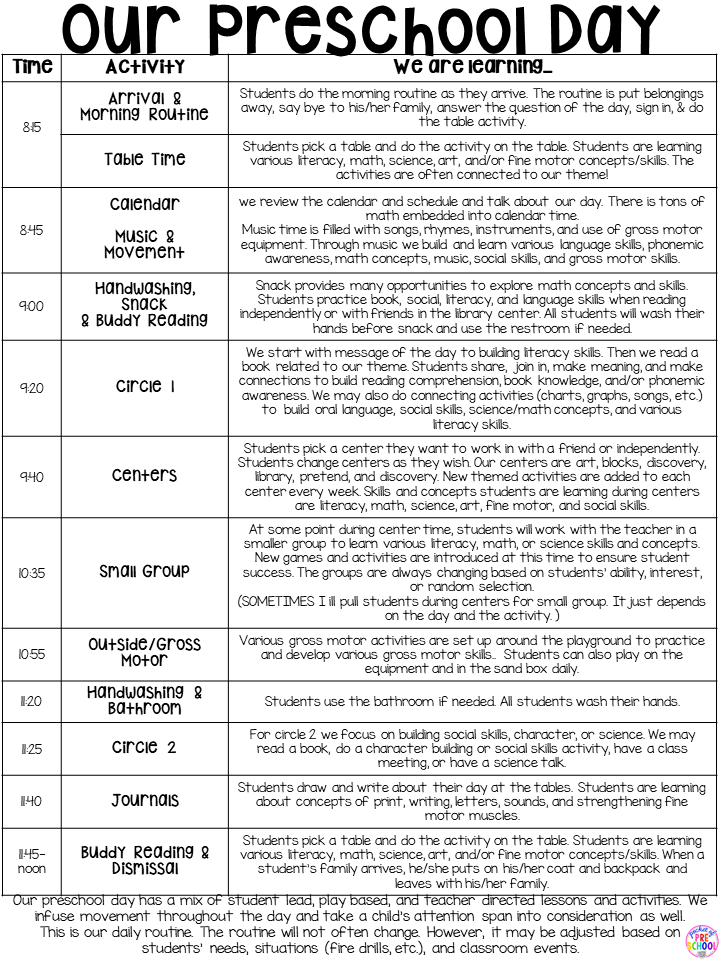 ecers preschool daily schedule for part day preschool