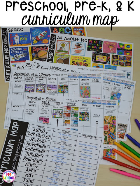 Curriculum Map (Preschool, Pre-K, and Kindergarten) for the whole year! Year plan, month plans, and week plans by theme with book lists for each theme!