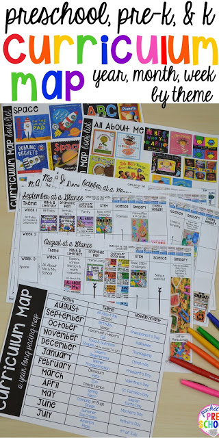 Curriculum Map (Preschool, Pre-K, and Kindergarten) for the whole year! Year plan, month plans, and week plans by theme.